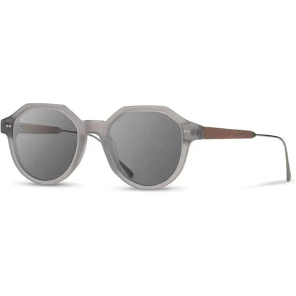 Side view of the Shwood Powell sunglasses in Copper Crystal & Copper // Ebony with dark lenses and wooden temple accents against a white background.