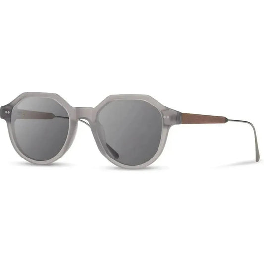 Side view of the Shwood Powell sunglasses in Copper Crystal & Copper // Ebony with dark lenses and wooden temple accents against a white background.