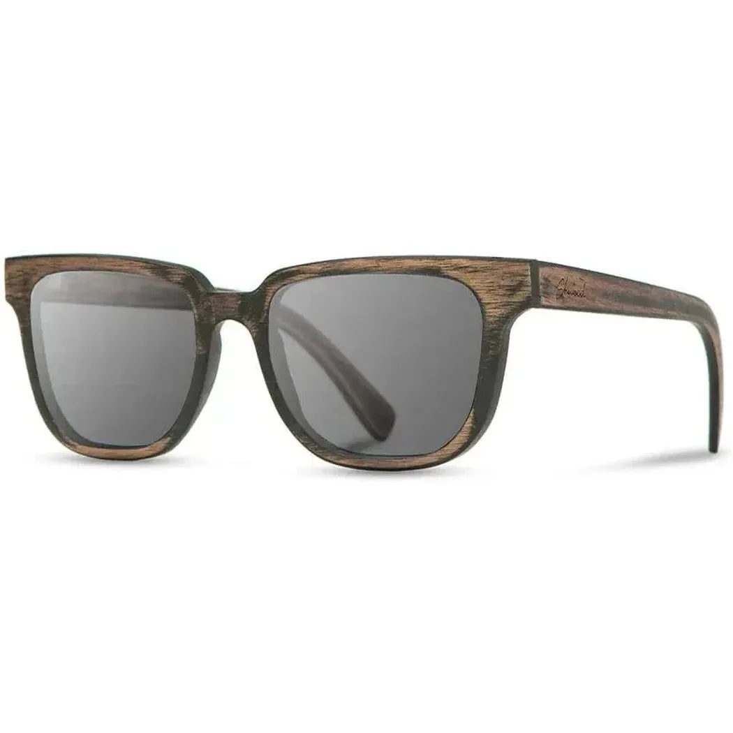 Side view of the Shwood Prescott sunglasses in Distressed Dark Walnut with gray lenses against a white background.