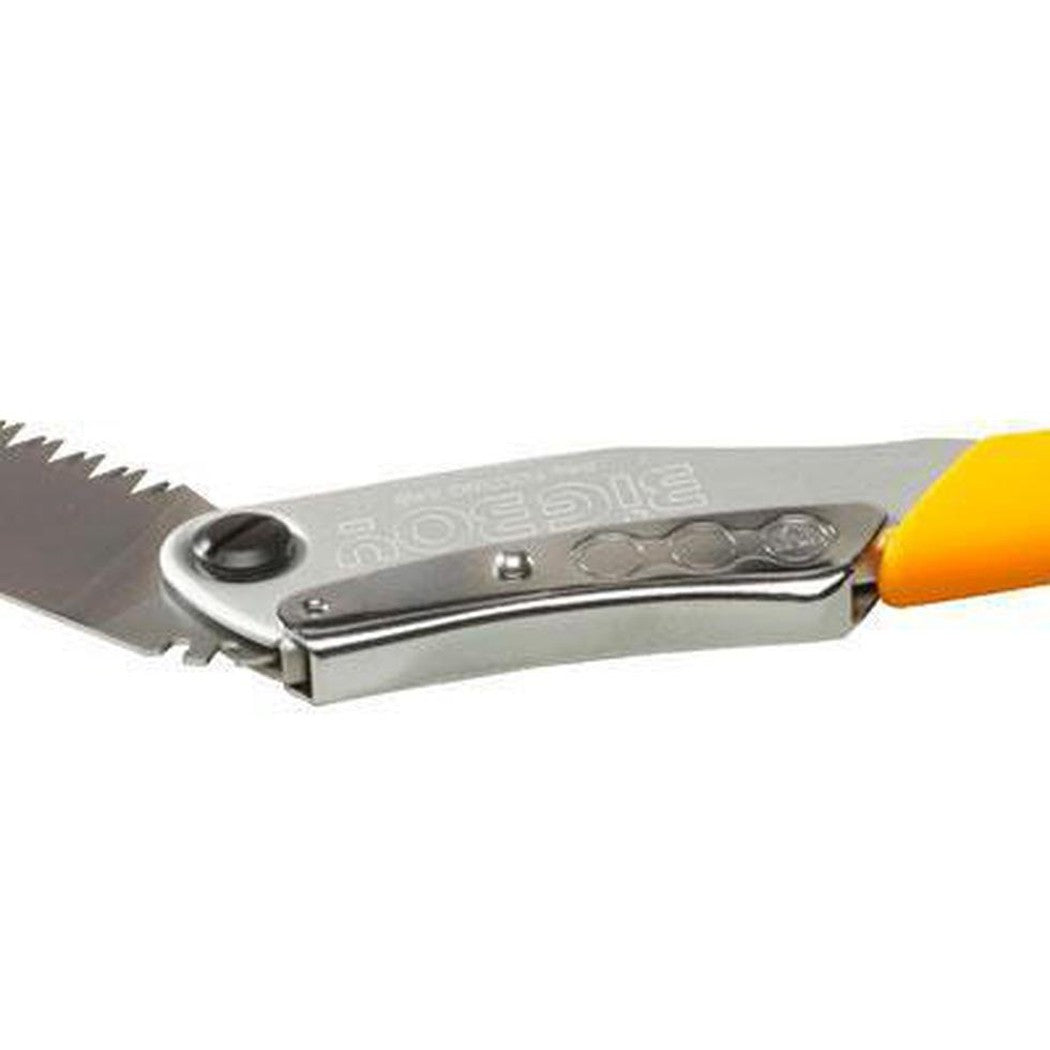 A close-up of the Silky BIGBOY 2000 saw with a yellow handle and serrated blade against a white background.