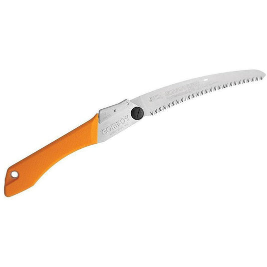 A side view of the orange-handled Silky Gomboy 210mm Curve Large Teeth Professional Saw against a white background.