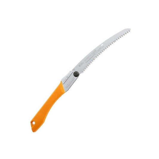 A side view of the Silky Gomboy 240mm Curve Large Teeth Professional Saw with an orange handle against a white background.