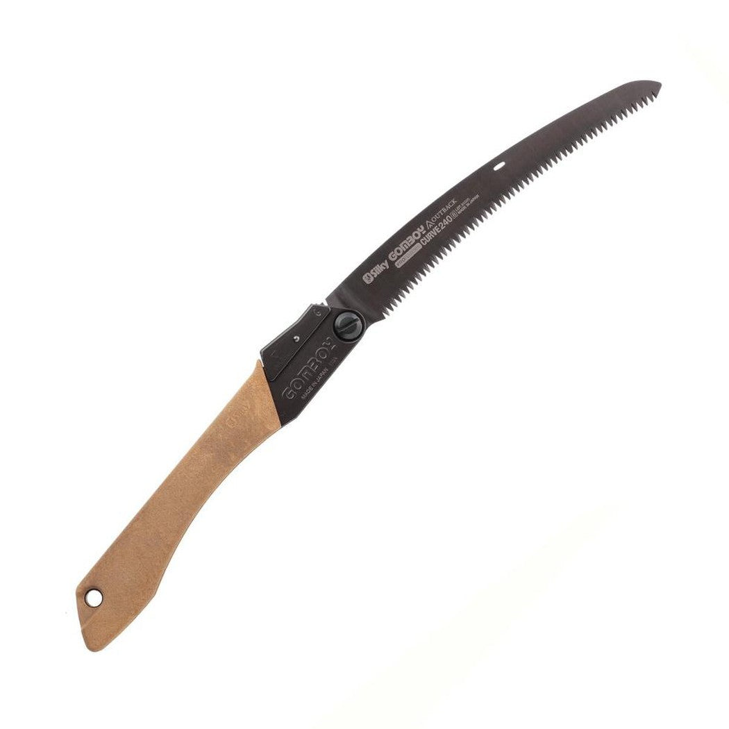 A side view of the Silky Gomboy Curve Professional 240mm Outback Edition saw with a brown handle and black blade against a white background.