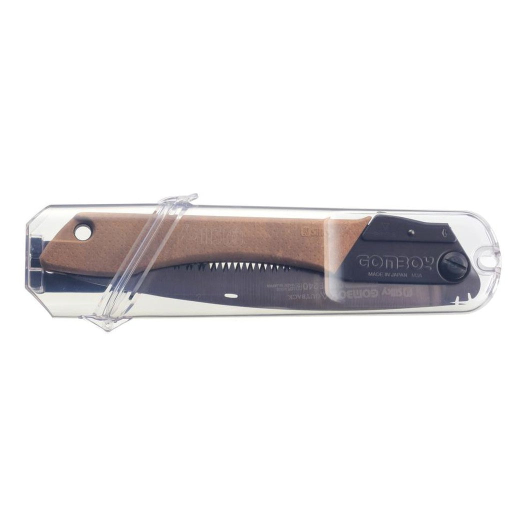 A side view of the Silky Gomboy Curve Professional 240mm Outback Edition in its clear plastic packaging against a white background.