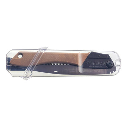 A side view of the Silky Gomboy Curve Professional 240mm Outback Edition in its clear plastic packaging against a white background.