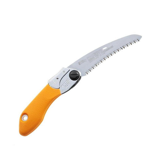 A side view of the Silky PocketBoy Curve Professional Saw 130mm with an orange handle against a white background.