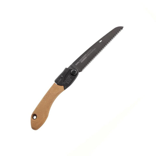 A side view of the Silky POCKETBOY Professional 170mm Outback Edition with a tan handle and black blade against a white background.