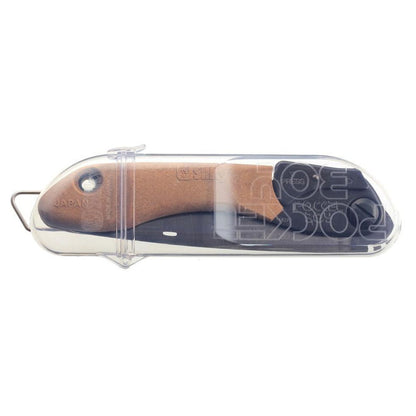 A side view of the Silky POCKETBOY Professional 170mm Outback Edition in a clear plastic case against a white background.
