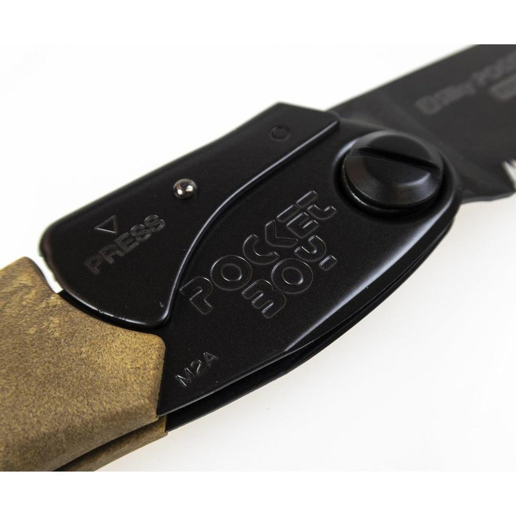 Close up of the Silky POCKETBOY Professional 170mm Outback Edition showing the black handle and brown grip against a white background.