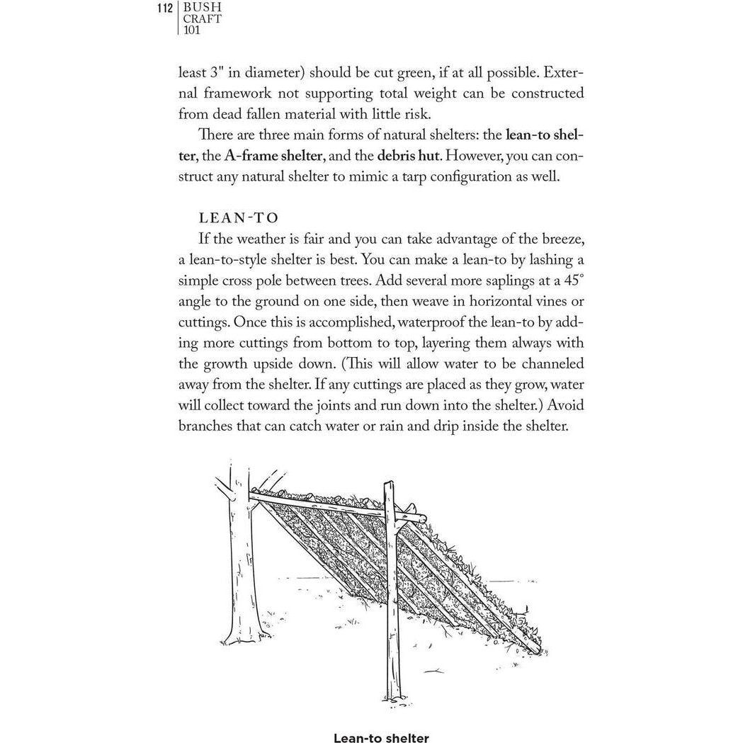 A black and white illustration of a "Lean-to shelter" from the book "Bushcraft 101" showing the frame and thatched roof structure.