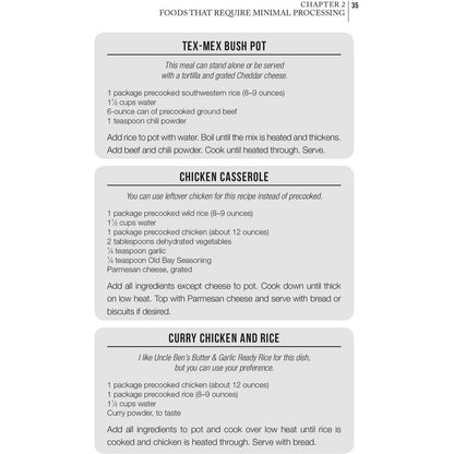A page from the Simon & Schuster Bushcraft Field Guide showing recipes for Tex-Mex Bush Pot, Chicken Casserole, and Curry Chicken and Rice.