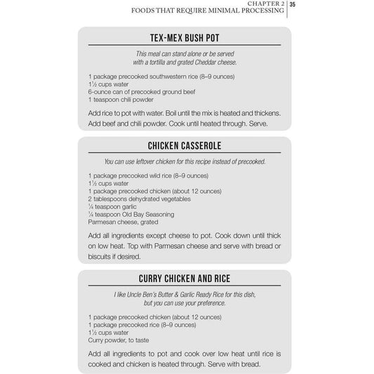 A page from the Simon & Schuster Bushcraft Field Guide showing recipes for Tex-Mex Bush Pot, Chicken Casserole, and Curry Chicken and Rice.