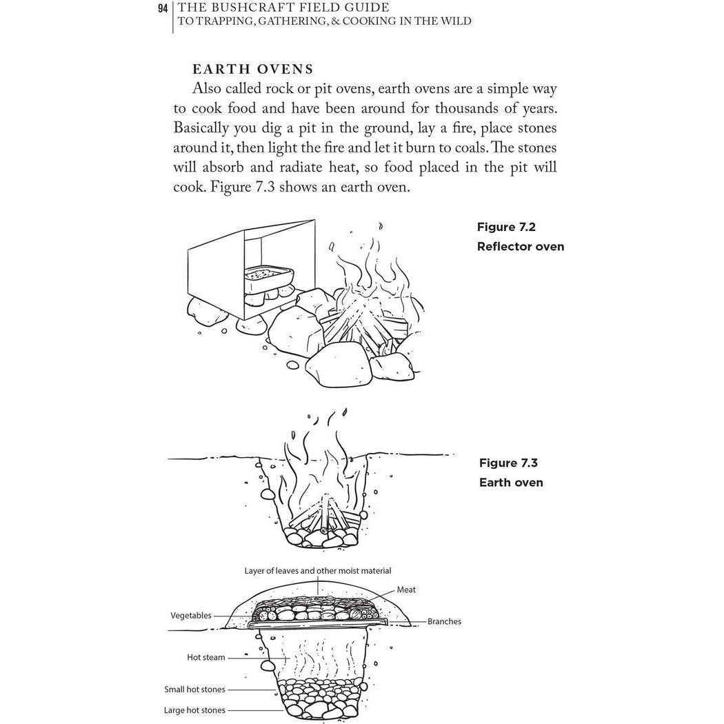 The Bushcraft Field Guide book showing diagrams of an earth oven and reflector oven.