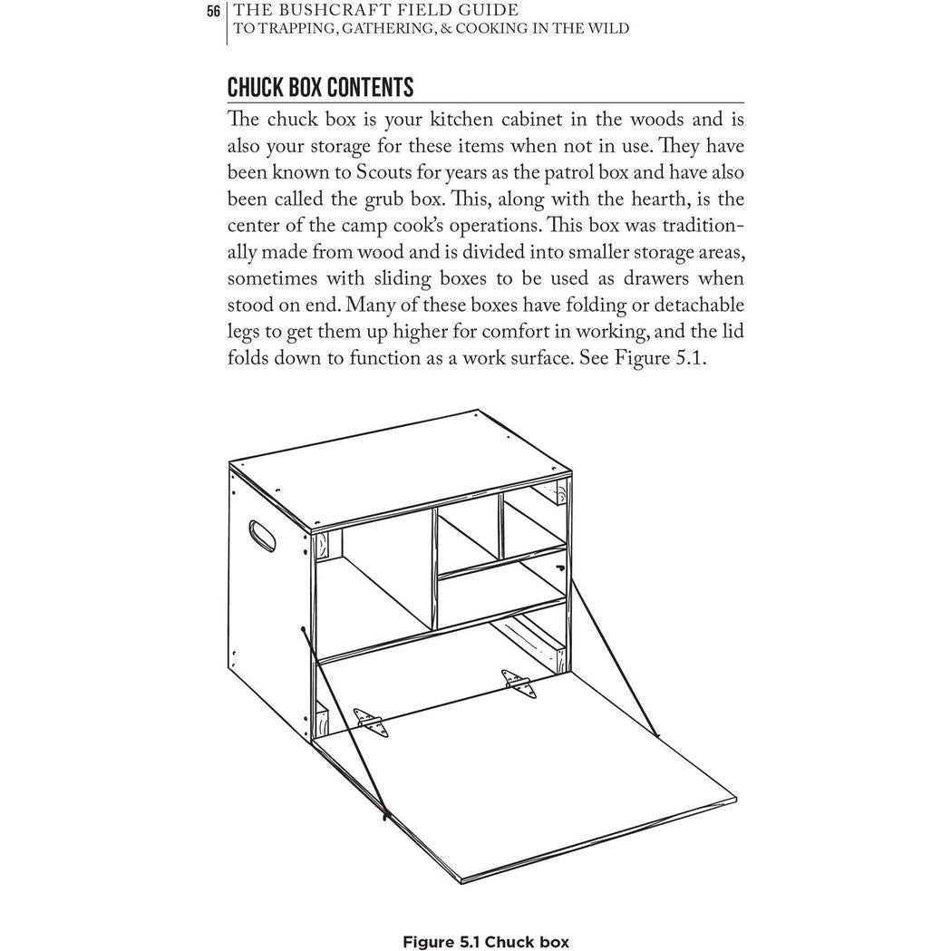 The page shows a diagram of a chuck box from the Bushcraft Field Guide book.