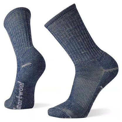 Side view of the Smartwool Classic Hike Light Cushion Crew socks in Light Gray showing the ribbed cuff and cushioned footbed against a white background.
