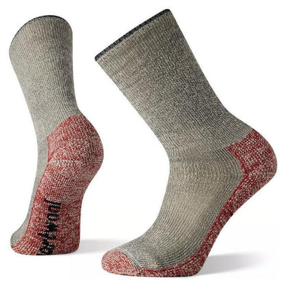 Side view of the Smartwool Classic Mountaineer Maximum Cushion Crew Charcoal socks showing the heel and toe cushioning against a white background.