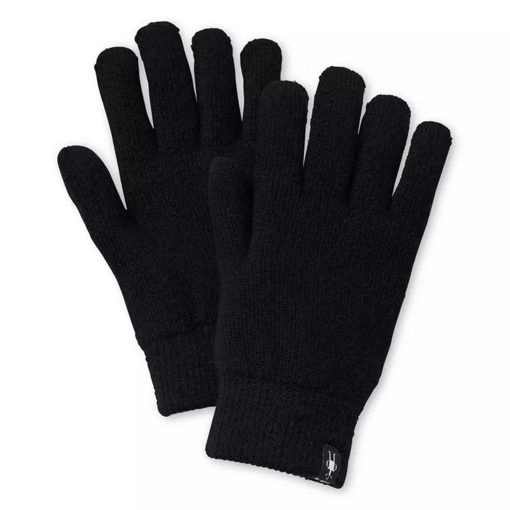 Black Smartwool Cozy Gloves shown from a top-down angle with a small logo tag on the wrist cuff.
