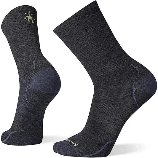 Side view of the Smartwool Everyday Anchor Line Crew Socks in Charcoal showing the reinforced heel and toe against a white background.