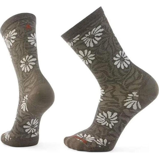 Side view of the Smartwool Everyday Floral Crew Socks in Taupe showing the floral pattern against a white background.