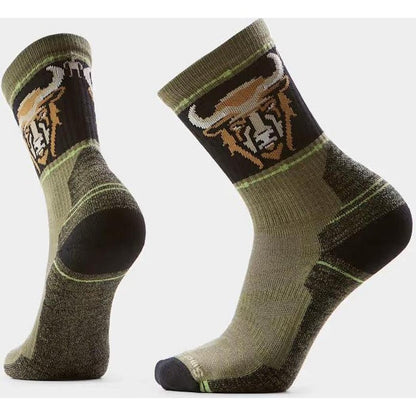 Side view of the Smartwool Hike Light Cushion Bision Crew Socks in Winter Moss showing the bison logo and cushioned heel against a white background.