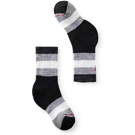 Black Smartwool Kids' Hike Full Cushion Striped Crew Socks shown from two angles on a white background.
