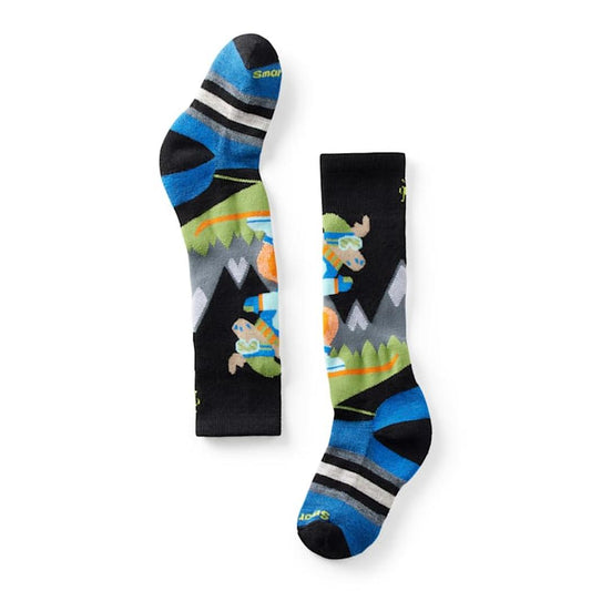 Side view of the Smartwool Kid's Wintersport Full Cushion Mountain Moose OTC Socks in Black showing the moose graphic and mountain design against a white background.