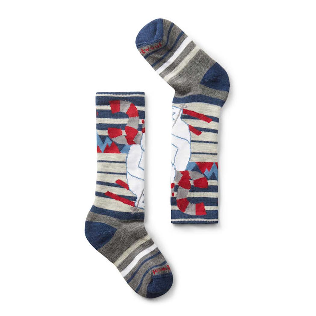 Side view of the Smartwool Kid's Wintersport Full Cushion Yeti Pattern OTC Socks in Alpine Blue against a white background.