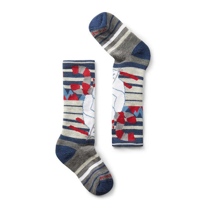 Side view of the Smartwool Kid's Wintersport Full Cushion Yeti Pattern OTC Socks in Alpine Blue against a white background.