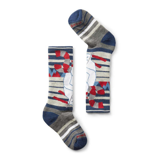 Side view of the Smartwool Kid's Wintersport Full Cushion Yeti Pattern OTC Socks in Alpine Blue against a white background.