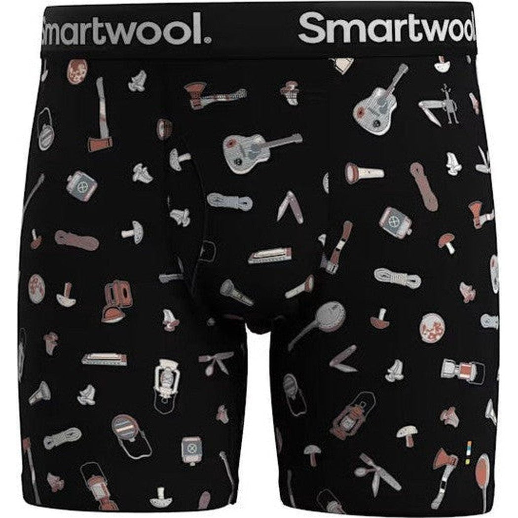 Black Smartwool Men's Merino Print Boxer Briefs with outdoor gear prints, front view.