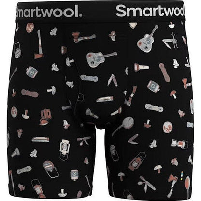 Black Smartwool Men's Merino Print Boxer Briefs with outdoor gear prints, front view.