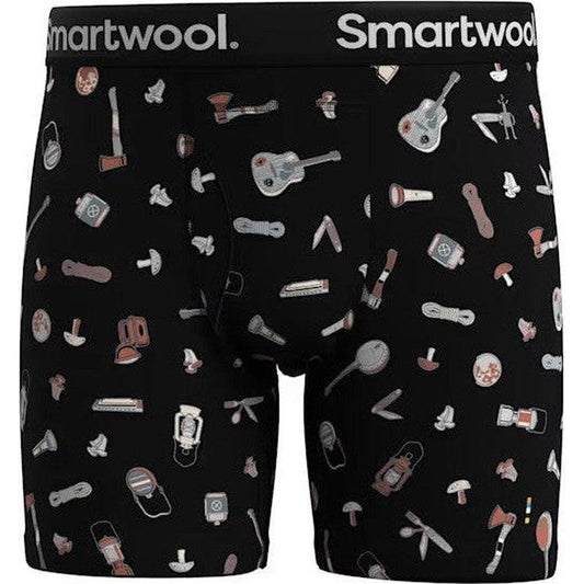 Black Smartwool Men's Merino Print Boxer Briefs with outdoor gear prints, front view.