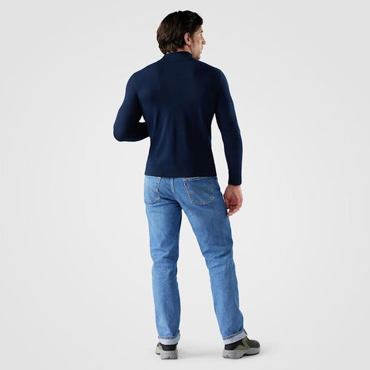 Back view of the Smartwool Men's Sparwood 1/4 Zip Sweater in Deep Navy Heather on a model against a plain white background.