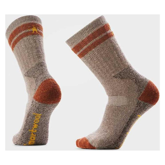 Side and front views of the Smartwool Mountianeer Maximun Cushion Tall Crew Socks in Fossil color against a white background.