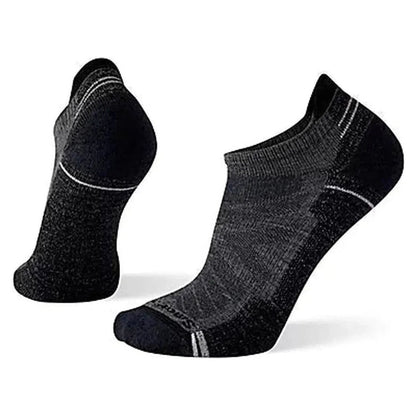 Side view of the Smartwool Performance Hike Light Cushion Low Ankle socks in Charcoal showing the heel and toe cushioning against a white background.