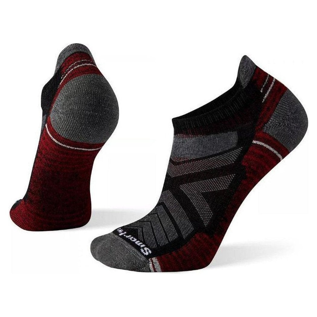 Side view of the Smartwool Performance Hike Light Cushion Low Ankle socks in Charcoal showing the cushioned heel and a white background.