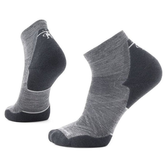 Side view of the Smartwool Run Targeted Cushion Ankle Socks in Black showing the heel and toe cushioning against a white background.