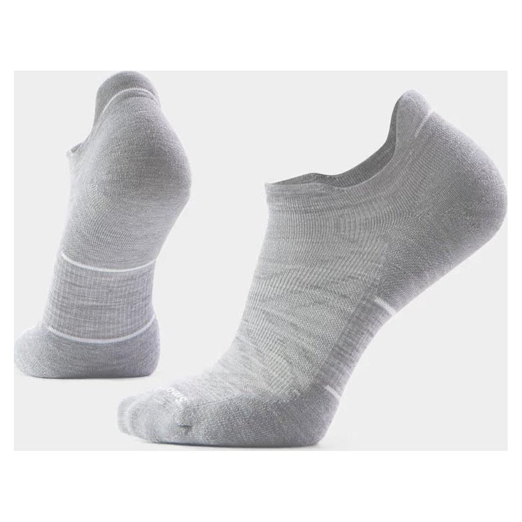 Side view of the Smartwool Run Targeted Cushion Low Ankle Socks in Ash/Winter Moss showing the low ankle cut and cushioned sole against a white background.