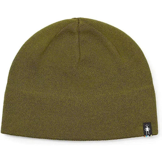 Winter Moss Smartwool The Lid beanie shown from the front with a small logo tag on the bottom right.