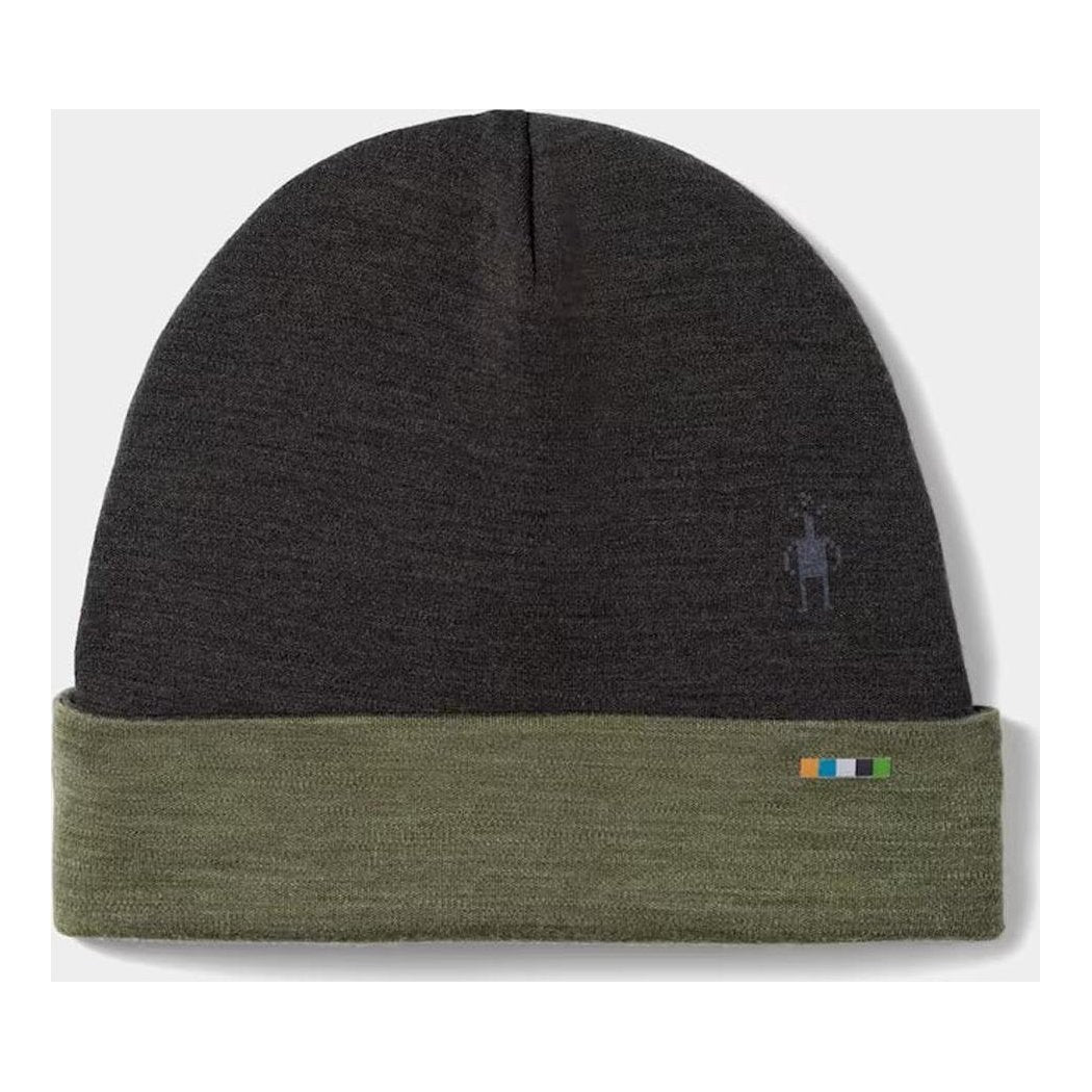 A front view of the Smartwool Thermal Merino Reversible Cuffed Beanie in Black showing the olive green cuff and small logo on the front.