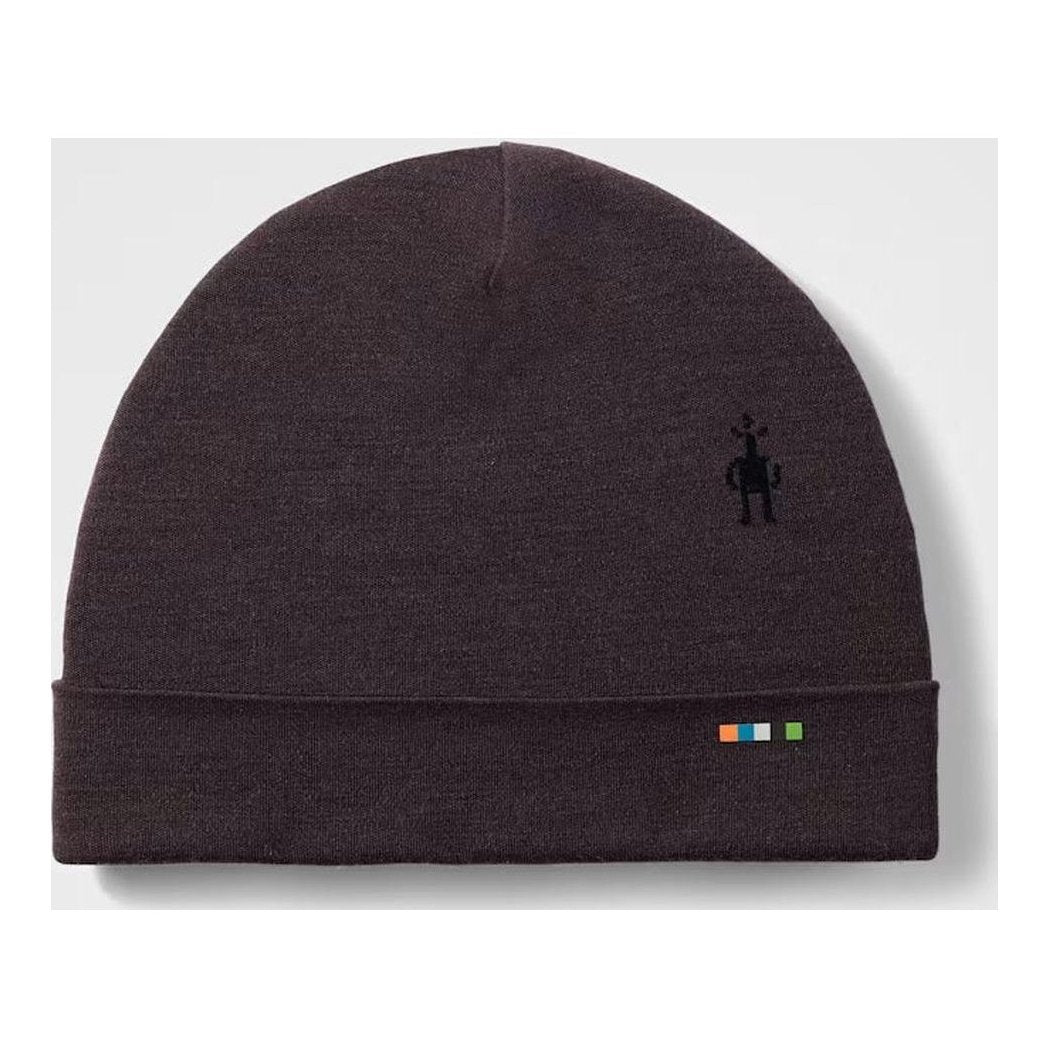 A front view of the Smartwool Thermal Merino Reversible Cuffed Beanie in Black showing the logo and color block tag on the cuff against a white background.