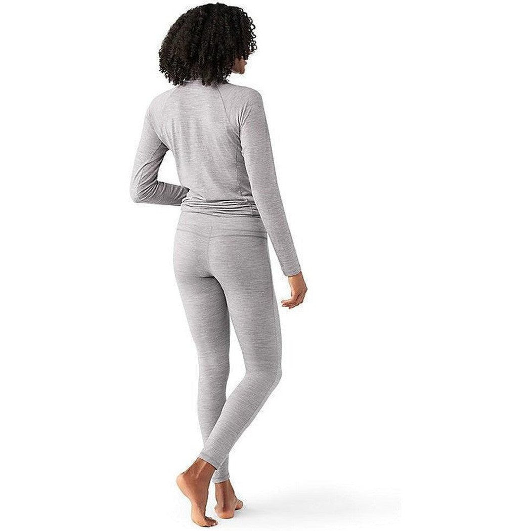 Back view of the Smartwool Women's Classic All-Season Merino Base Layer Bottom in Light Gray Heather on a model against a white background.