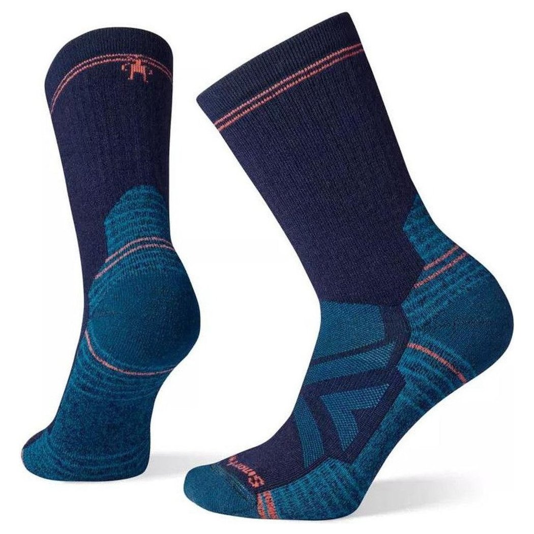 Side and front view of the Smartwool Women's Hike Full Cushion Crew Socks in Deep Navy showing the cushioned heel and toe against a white background.