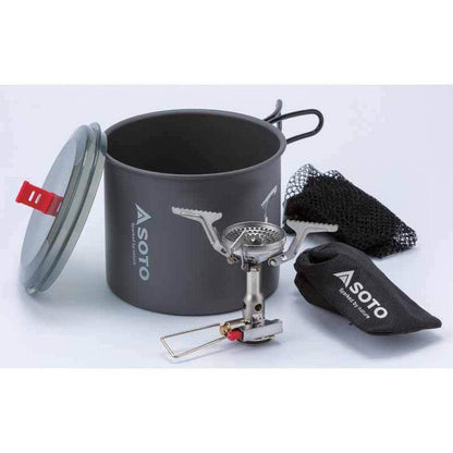 A charcoal Soto Outdoors Amicus Stove with Igniter and New River Pot sits on a white background with its lid off.