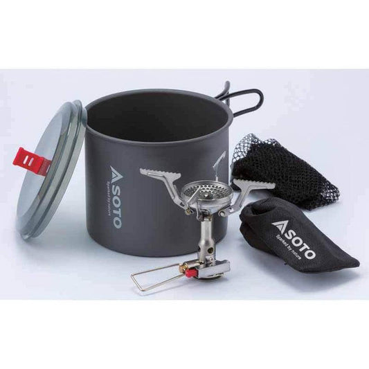 A charcoal Soto Outdoors Amicus Stove with Igniter and New River Pot sits on a white background with its lid off.