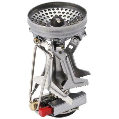 A top-down view of the Soto Outdoors Amicus with Igniter stove showing its perforated burner and foldable legs against a white background.