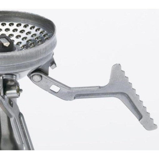 A close-up of the Soto Outdoors Amicus with Igniter stove showing the metal burner and serrated adjustment lever against a white background.
