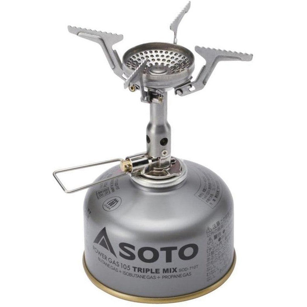 A silver Soto Outdoors Amicus without Igniter camping stove on a white background.