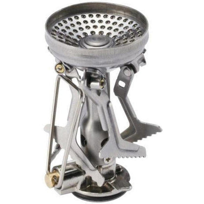 A close-up front view of the Soto Outdoors Amicus without Igniter camping stove with a perforated top and foldable legs against a white background.