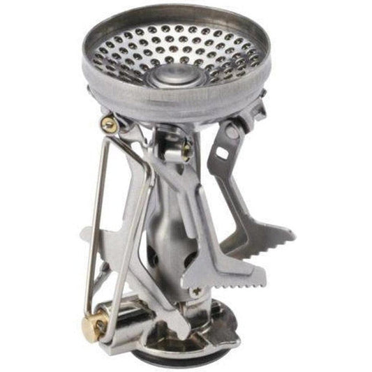 A close-up front view of the Soto Outdoors Amicus without Igniter camping stove with a perforated top and foldable legs against a white background.